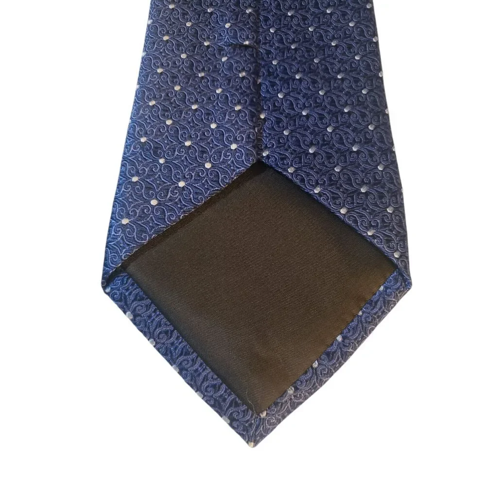 Sean John Mens‎ Tie Necktie Fine Tailoring Blue White Scroll Print Polka Dot